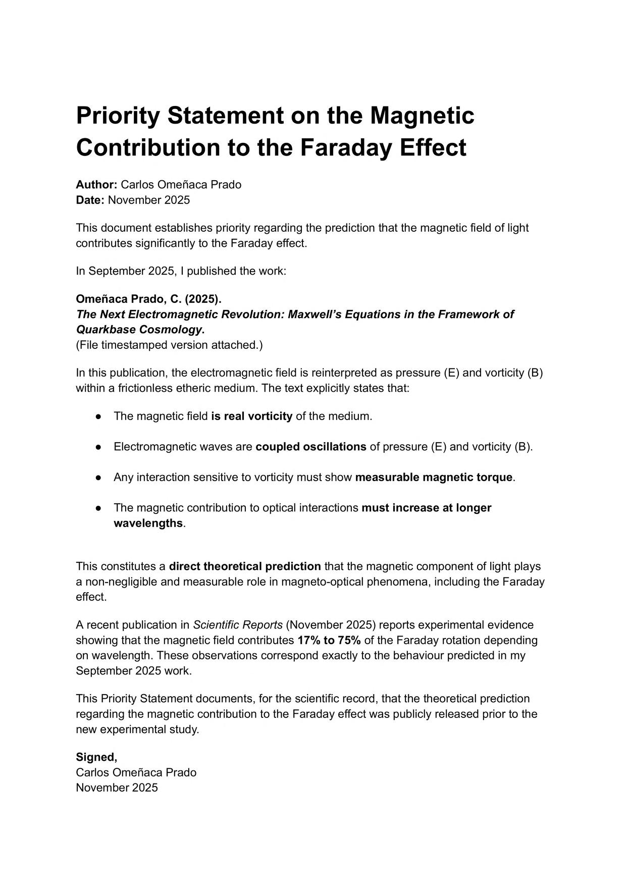 Priority Statement on the Magnetic Contribution to the Faraday Effect